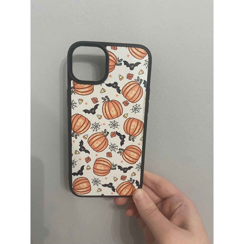 iPhone Case 14 Plus White Pumpkin Bat Halloween Spooky Print Black Bumper